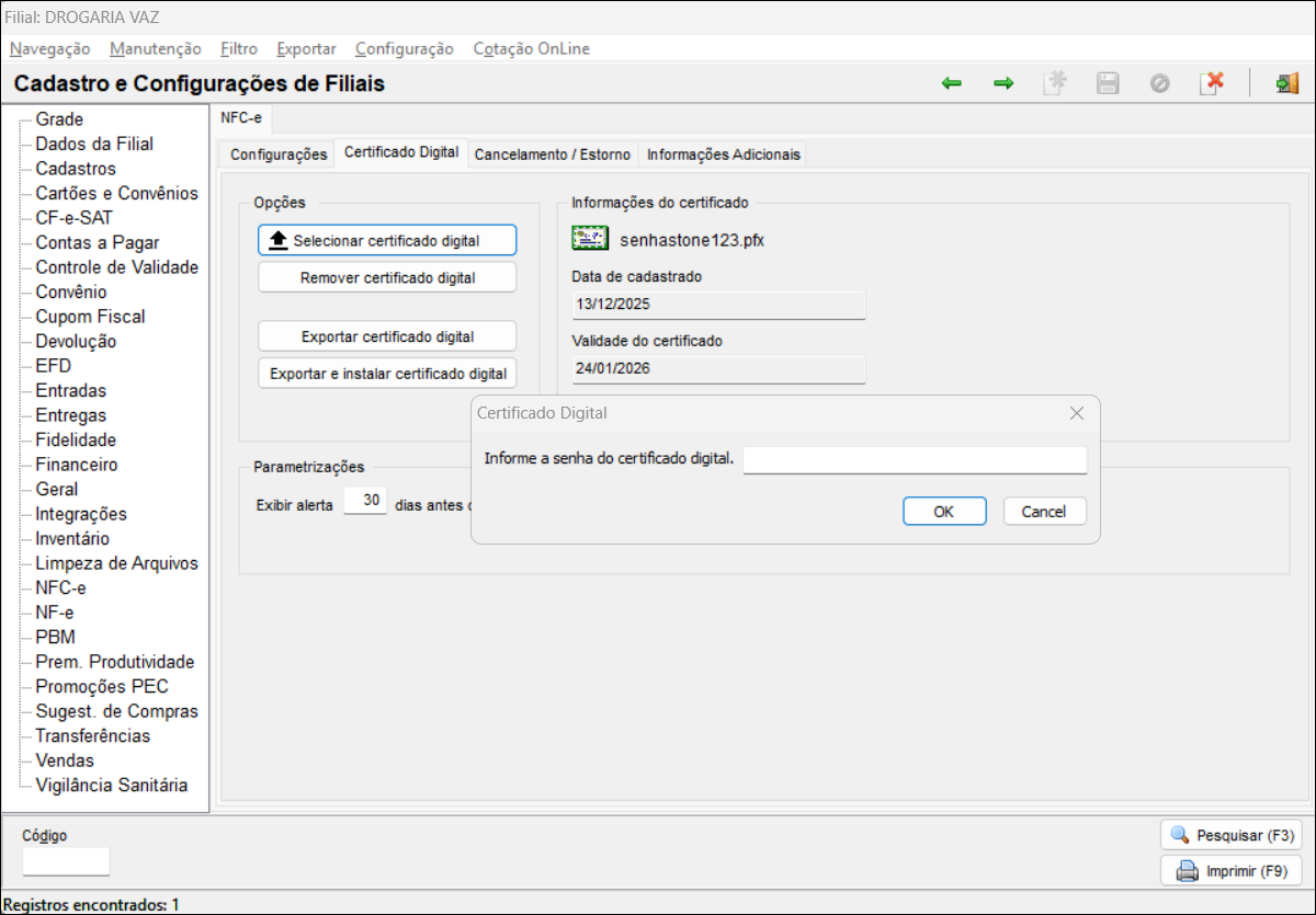 Linx Big Farma - Entrada de NF-e - Certificado não instalado, clique ...